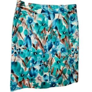 Laura Petites Floral Blue Green Front Slit Pocket Knee Length Midi Pencil Skirt